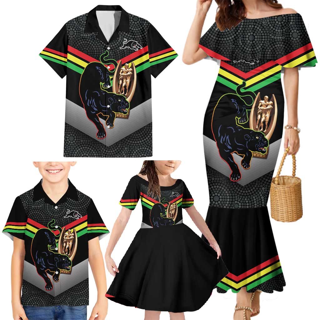 Personalised Panthers Rugby 2024 Family Matching Mermaid Dress and Hawaiian Shirt Mascot With Trophy Go Champions Aboriginal Art