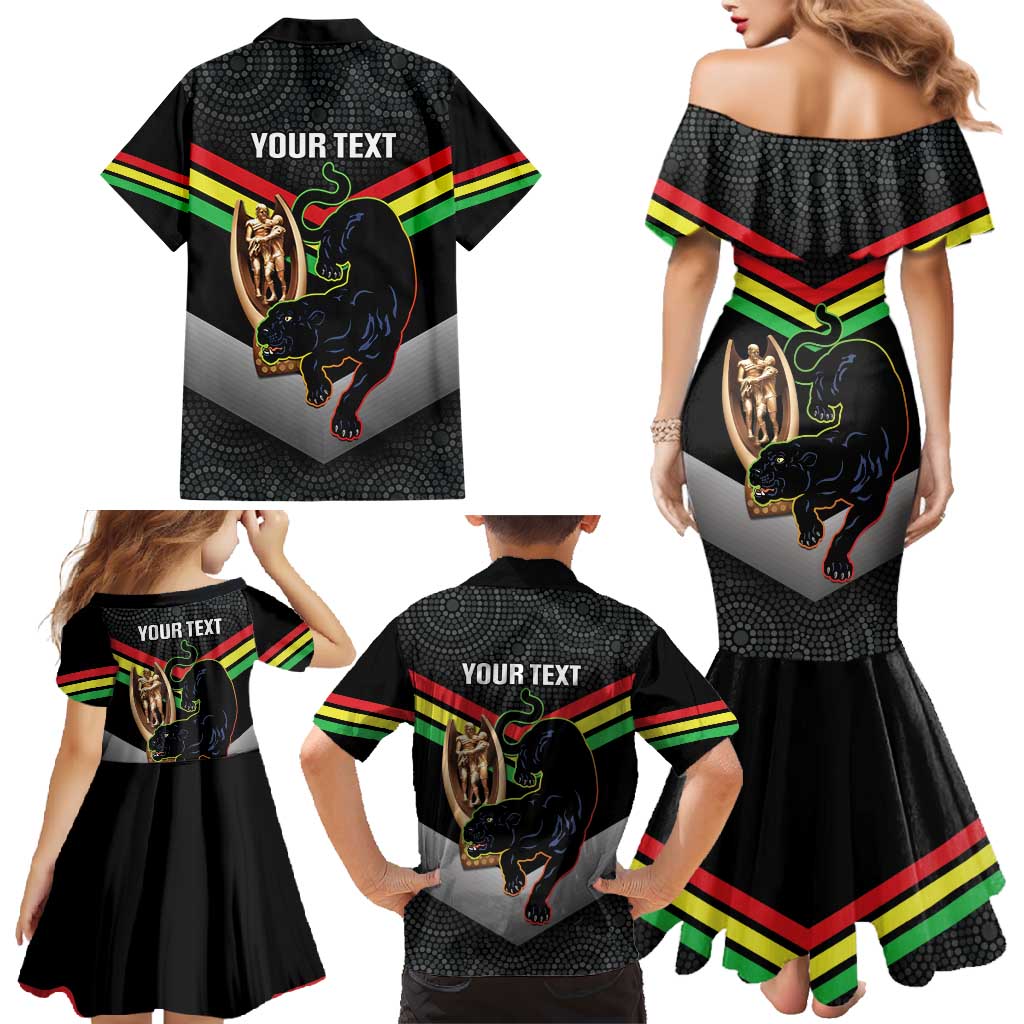 Personalised Panthers Rugby 2024 Family Matching Mermaid Dress and Hawaiian Shirt Mascot With Trophy Go Champions Aboriginal Art