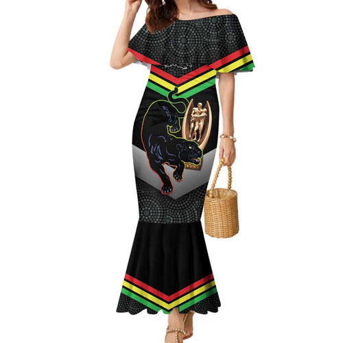 Personalised Panthers Rugby 2024 Family Matching Mermaid Dress and Hawaiian Shirt Mascot With Trophy Go Champions Aboriginal Art