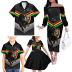 Personalised Panthers Rugby 2024 Family Matching Off The Shoulder Long Sleeve Dress and Hawaiian Shirt Mascot With Trophy Go Champions Aboriginal Art