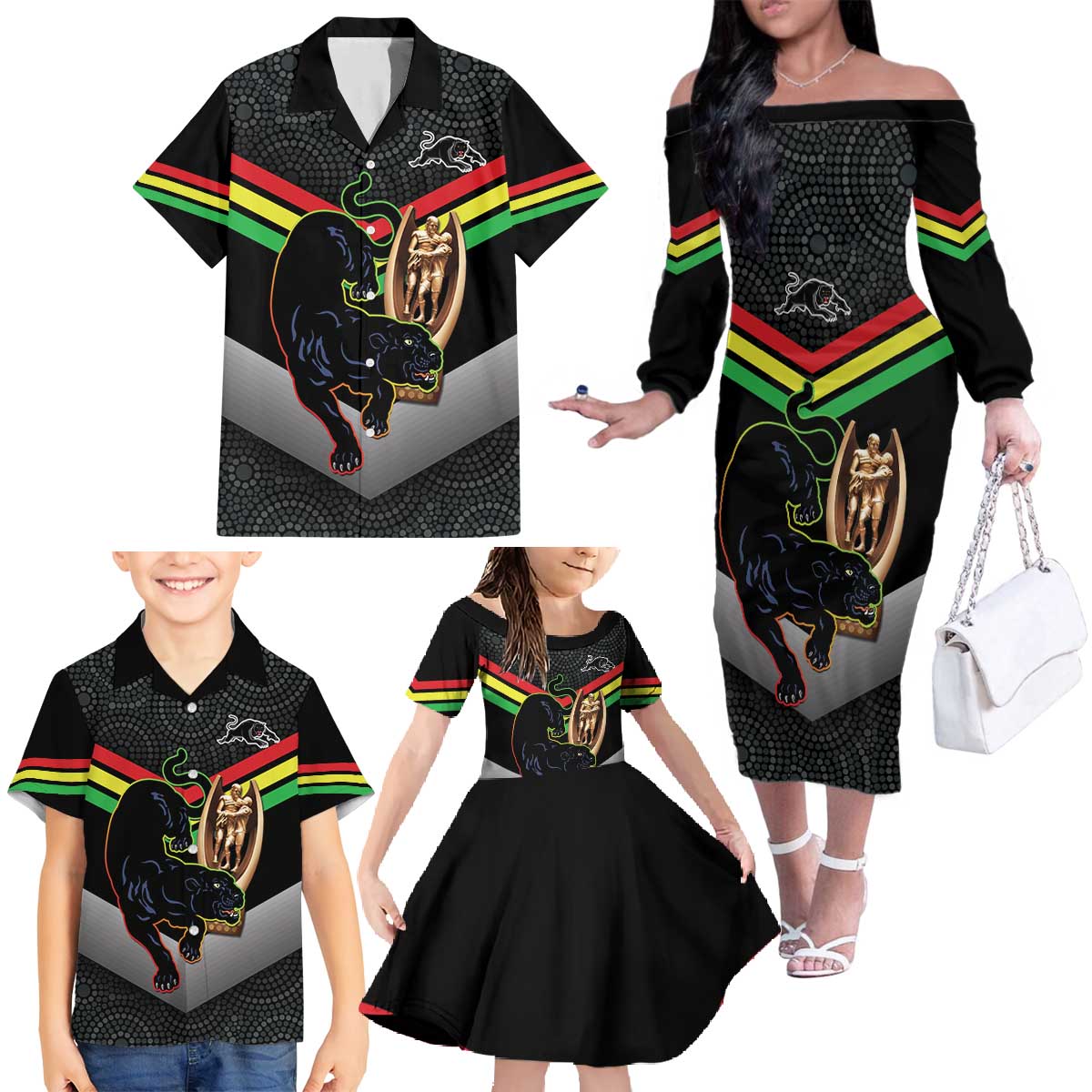 Personalised Panthers Rugby 2024 Family Matching Off The Shoulder Long Sleeve Dress and Hawaiian Shirt Mascot With Trophy Go Champions Aboriginal Art