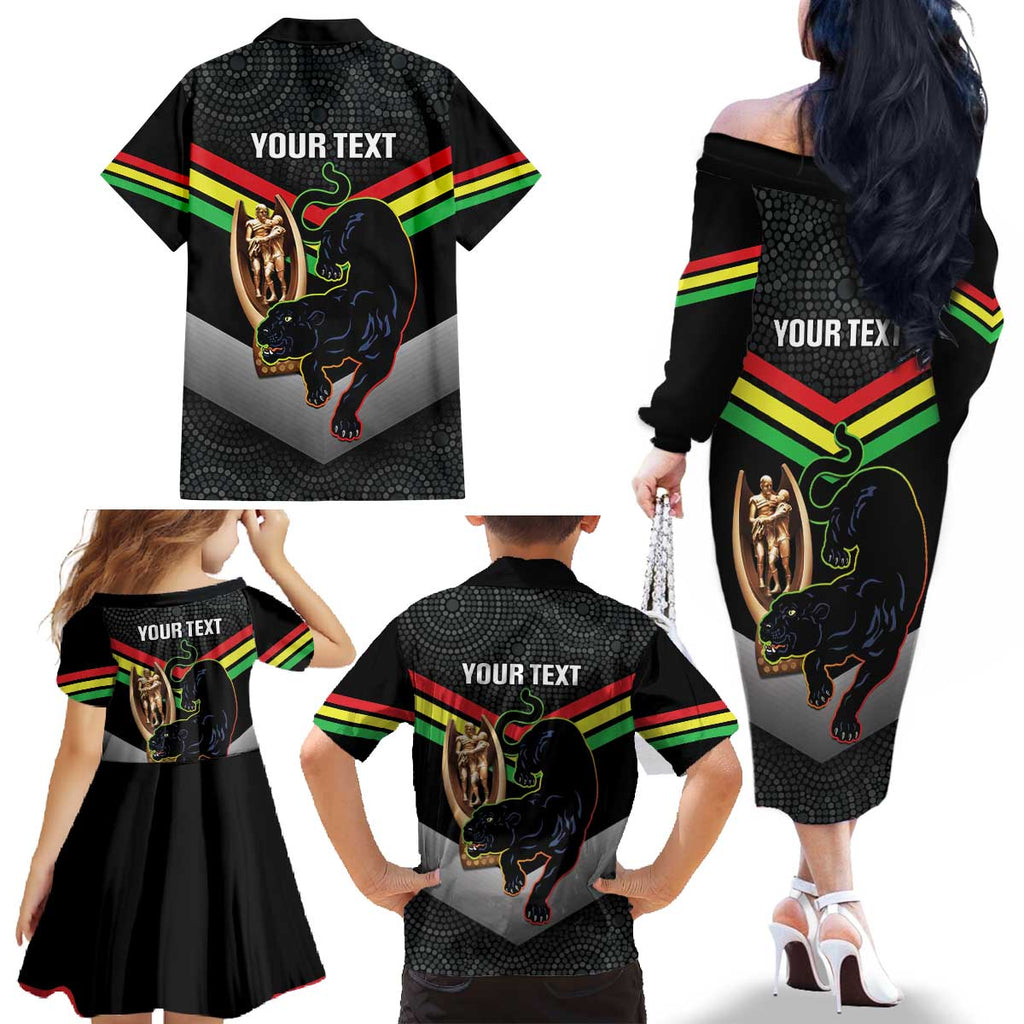 Personalised Panthers Rugby 2024 Family Matching Off The Shoulder Long Sleeve Dress and Hawaiian Shirt Mascot With Trophy Go Champions Aboriginal Art