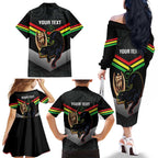 Personalised Panthers Rugby 2024 Family Matching Off The Shoulder Long Sleeve Dress and Hawaiian Shirt Mascot With Trophy Go Champions Aboriginal Art
