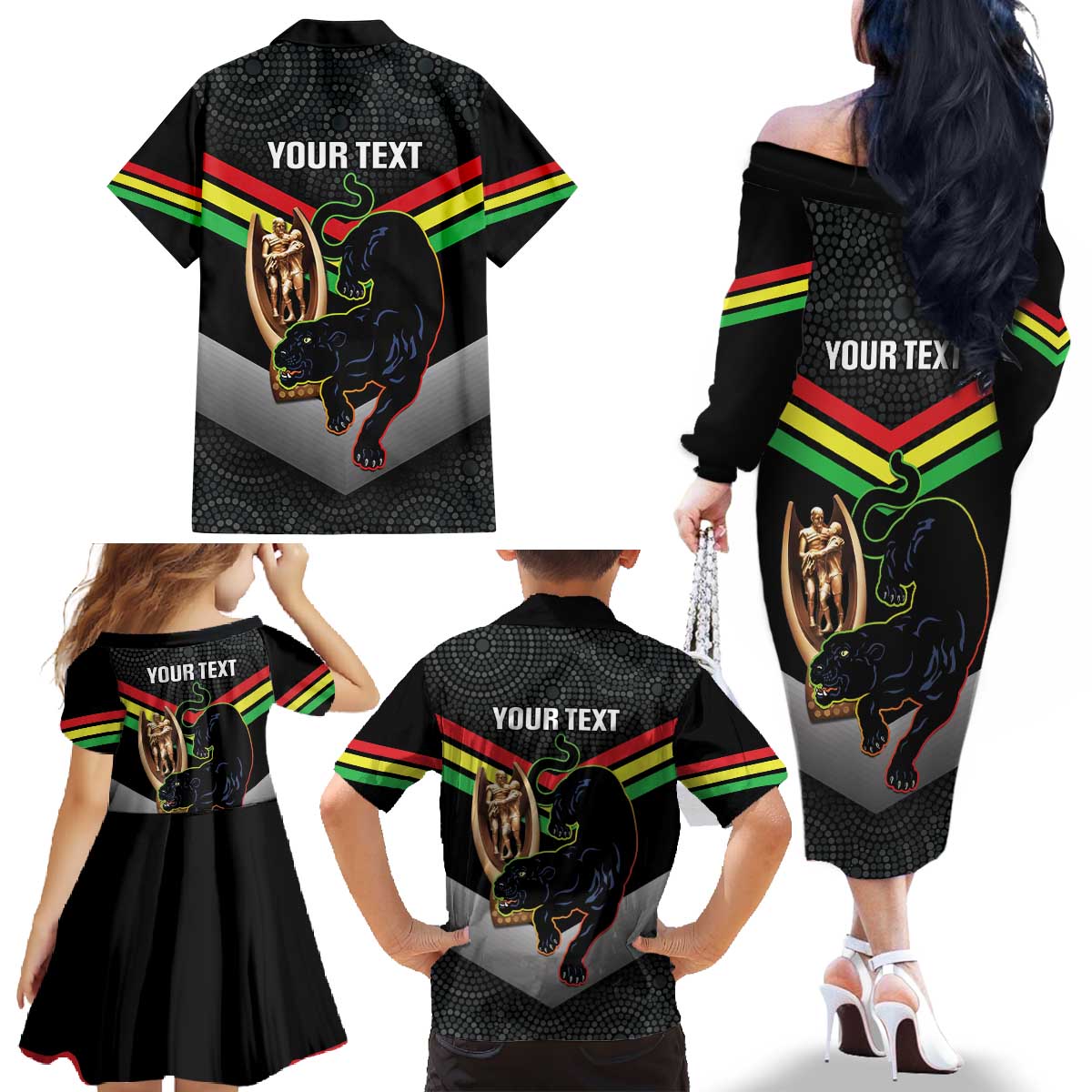 Personalised Panthers Rugby 2024 Family Matching Off The Shoulder Long Sleeve Dress and Hawaiian Shirt Mascot With Trophy Go Champions Aboriginal Art