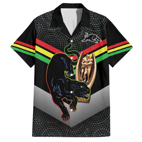 Personalised Panthers Rugby 2024 Family Matching Off The Shoulder Long Sleeve Dress and Hawaiian Shirt Mascot With Trophy Go Champions Aboriginal Art