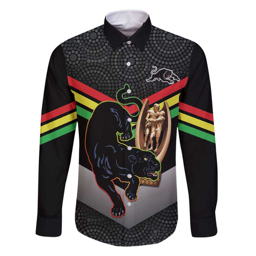 Personalised Panthers Rugby 2024 Family Matching Off The Shoulder Long Sleeve Dress and Hawaiian Shirt Mascot With Trophy Go Champions Aboriginal Art