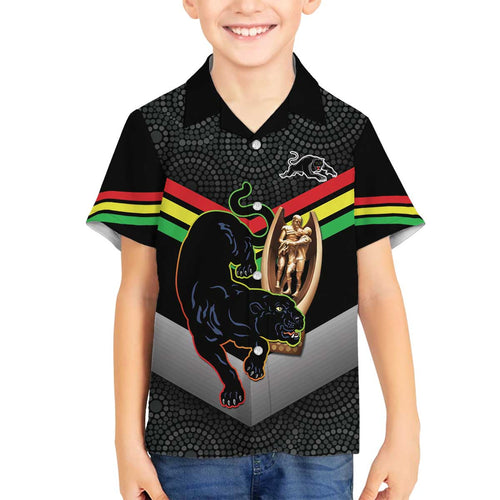 Personalised Panthers Rugby 2024 Family Matching Off The Shoulder Long Sleeve Dress and Hawaiian Shirt Mascot With Trophy Go Champions Aboriginal Art