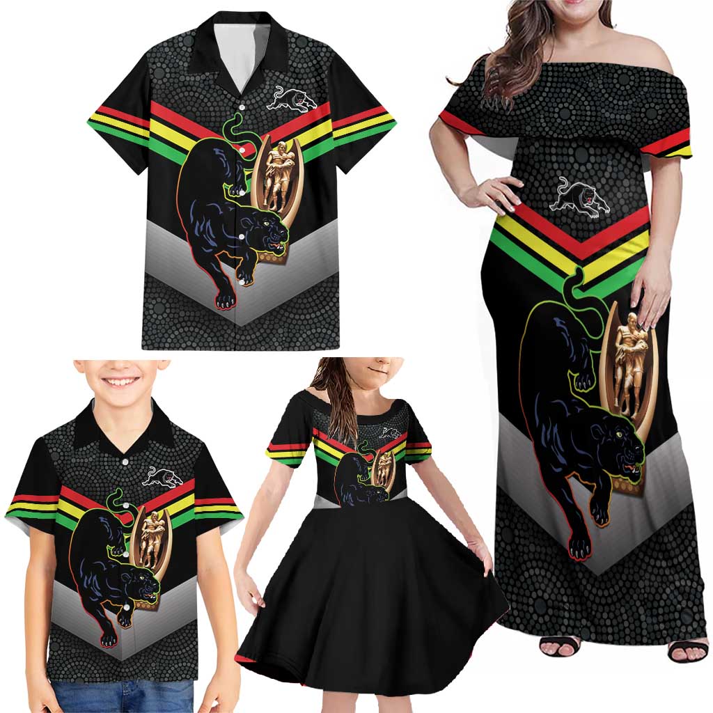Personalised Panthers Rugby 2024 Family Matching Off Shoulder Maxi Dress and Hawaiian Shirt Mascot With Trophy Go Champions Aboriginal Art