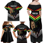 Personalised Panthers Rugby 2024 Family Matching Off Shoulder Maxi Dress and Hawaiian Shirt Mascot With Trophy Go Champions Aboriginal Art