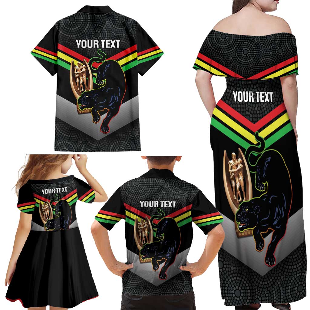 Personalised Panthers Rugby 2024 Family Matching Off Shoulder Maxi Dress and Hawaiian Shirt Mascot With Trophy Go Champions Aboriginal Art