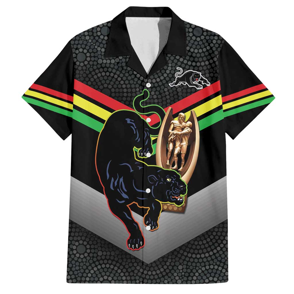 Personalised Panthers Rugby 2024 Family Matching Off Shoulder Maxi Dress and Hawaiian Shirt Mascot With Trophy Go Champions Aboriginal Art