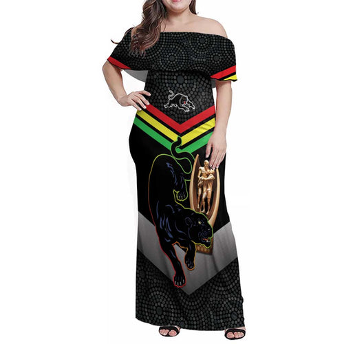 Personalised Panthers Rugby 2024 Family Matching Off Shoulder Maxi Dress and Hawaiian Shirt Mascot With Trophy Go Champions Aboriginal Art