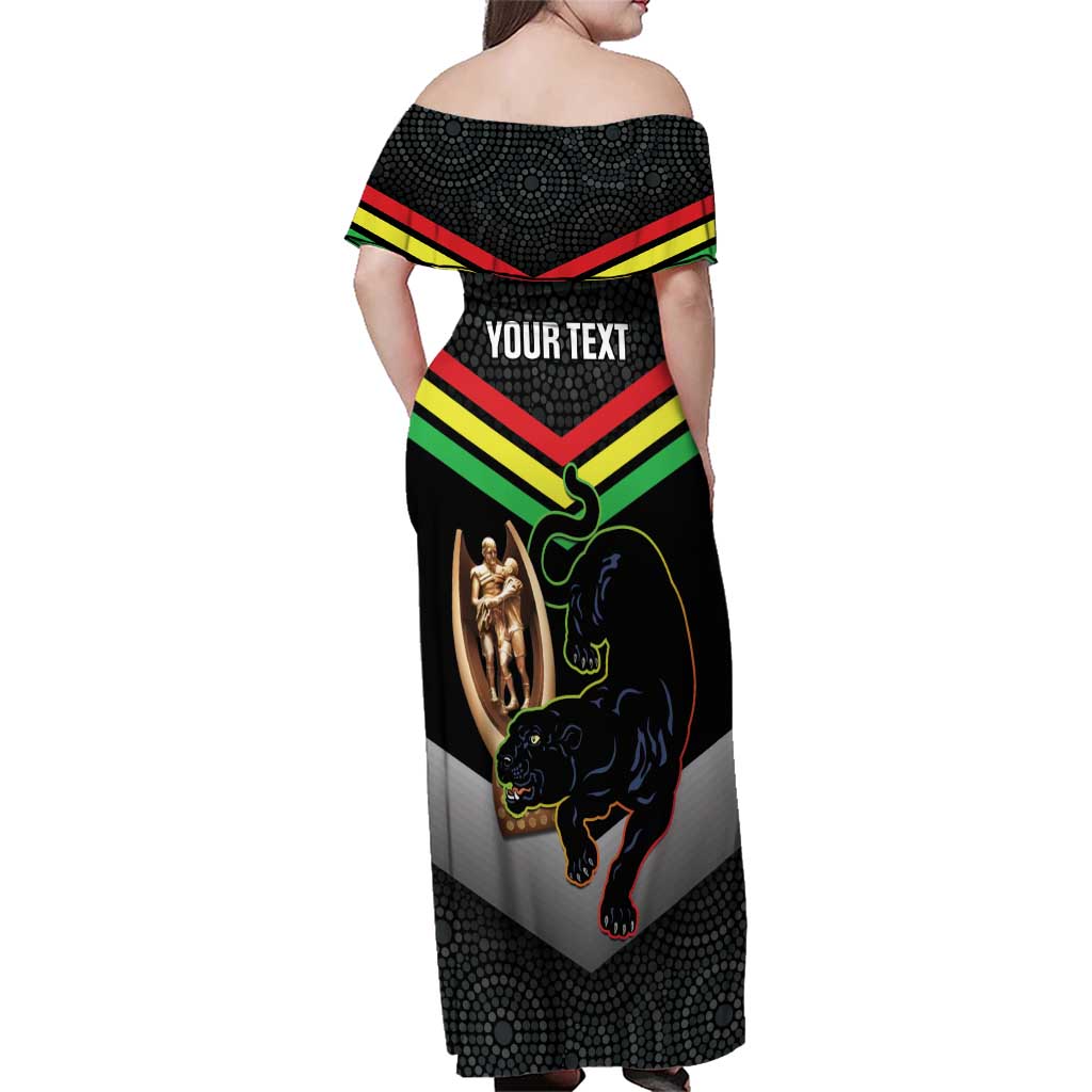 Personalised Panthers Rugby 2024 Family Matching Off Shoulder Maxi Dress and Hawaiian Shirt Mascot With Trophy Go Champions Aboriginal Art