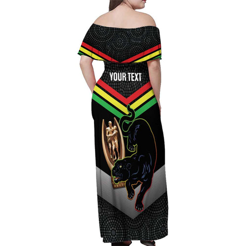 Personalised Panthers Rugby 2024 Family Matching Off Shoulder Maxi Dress and Hawaiian Shirt Mascot With Trophy Go Champions Aboriginal Art