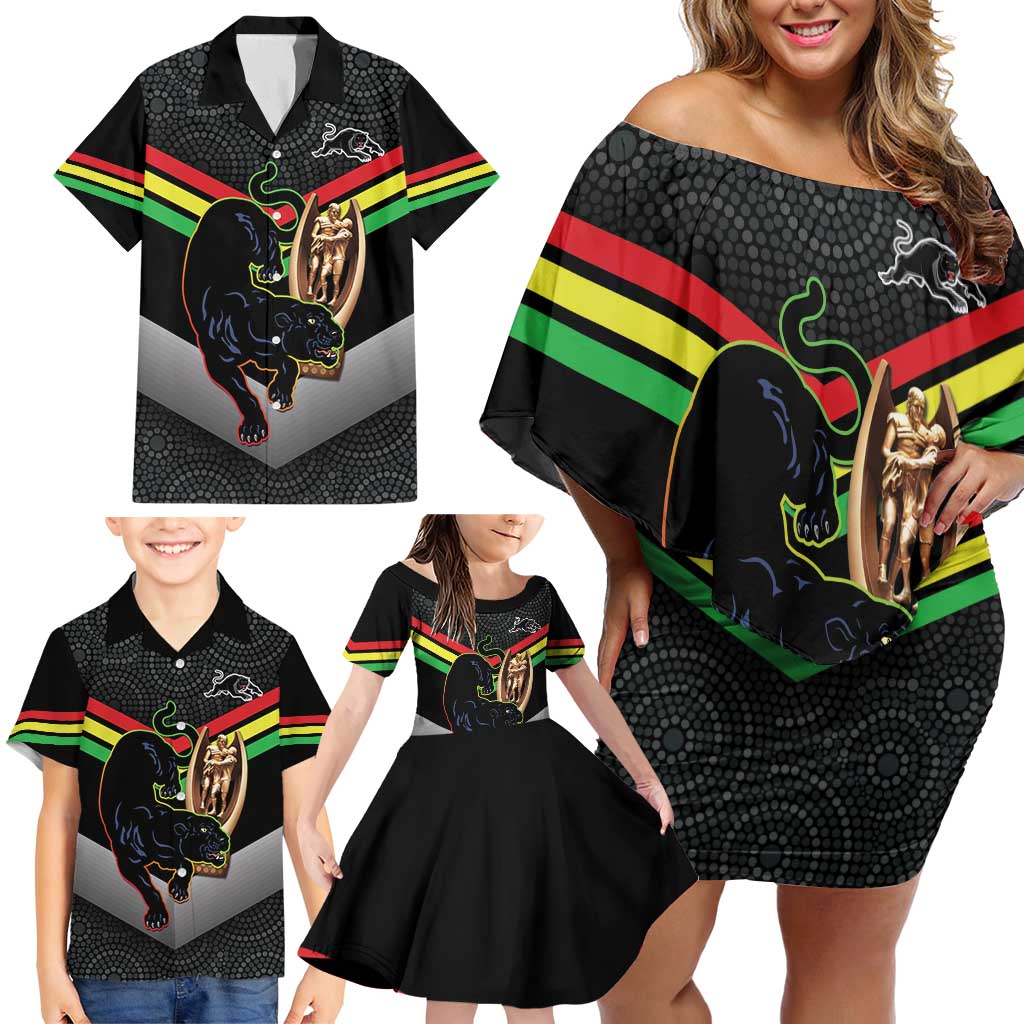 Personalised Panthers Rugby 2024 Family Matching Off Shoulder Short Dress and Hawaiian Shirt Mascot With Trophy Go Champions Aboriginal Art