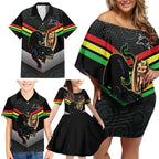 Personalised Panthers Rugby 2024 Family Matching Off Shoulder Short Dress and Hawaiian Shirt Mascot With Trophy Go Champions Aboriginal Art