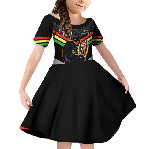 Personalised Panthers Rugby 2024 Family Matching Off Shoulder Short Dress and Hawaiian Shirt Mascot With Trophy Go Champions Aboriginal Art