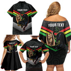 Personalised Panthers Rugby 2024 Family Matching Off Shoulder Short Dress and Hawaiian Shirt Mascot With Trophy Go Champions Aboriginal Art