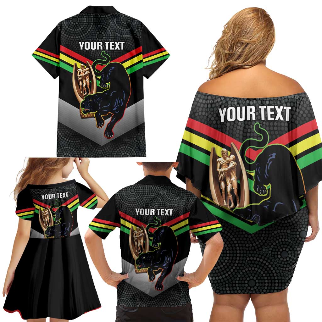 Personalised Panthers Rugby 2024 Family Matching Off Shoulder Short Dress and Hawaiian Shirt Mascot With Trophy Go Champions Aboriginal Art