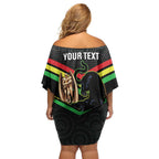 Personalised Panthers Rugby 2024 Family Matching Off Shoulder Short Dress and Hawaiian Shirt Mascot With Trophy Go Champions Aboriginal Art