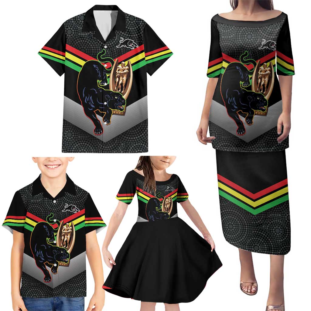 Personalised Panthers Rugby 2024 Family Matching Puletasi and Hawaiian Shirt Mascot With Trophy Go Champions Aboriginal Art