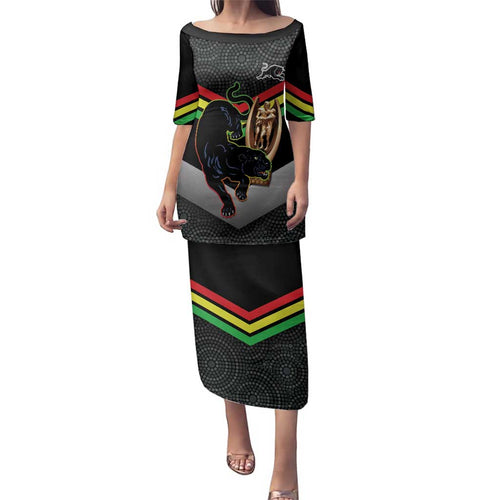 Personalised Panthers Rugby 2024 Family Matching Puletasi and Hawaiian Shirt Mascot With Trophy Go Champions Aboriginal Art
