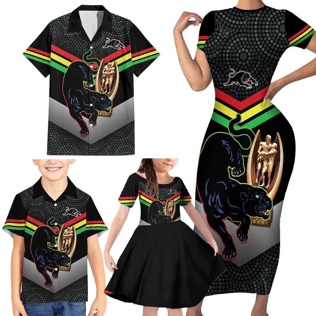 Personalised Panthers Rugby 2024 Family Matching Short Sleeve Bodycon Dress and Hawaiian Shirt Mascot With Trophy Go Champions Aboriginal Art