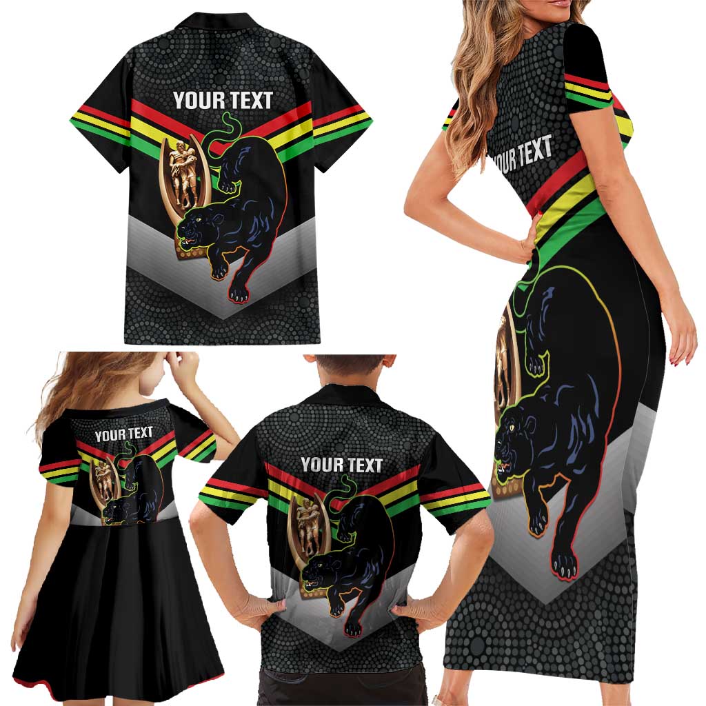 Personalised Panthers Rugby 2024 Family Matching Short Sleeve Bodycon Dress and Hawaiian Shirt Mascot With Trophy Go Champions Aboriginal Art