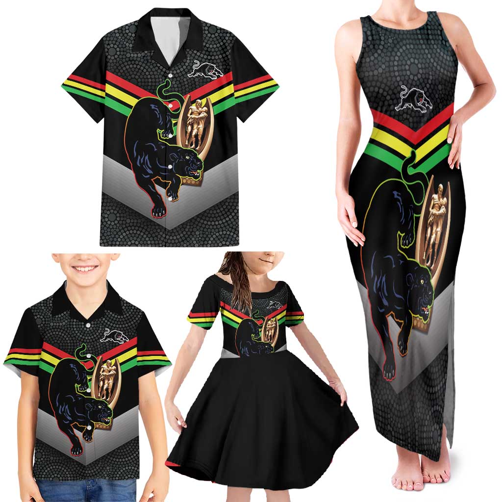 Personalised Panthers Rugby 2024 Family Matching Tank Maxi Dress and Hawaiian Shirt Mascot With Trophy Go Champions Aboriginal Art