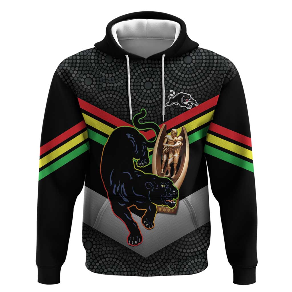 Personalised Panthers Rugby 2024 Hoodie Mascot With Trophy Go Champions Aboriginal Art