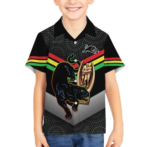 Personalised Panthers Rugby 2024 Kid Hawaiian Shirt Mascot With Trophy Go Champions Aboriginal Art