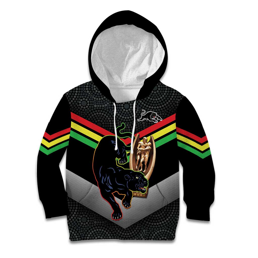 Personalised Panthers Rugby 2024 Kid Hoodie Mascot With Trophy Go Champions Aboriginal Art