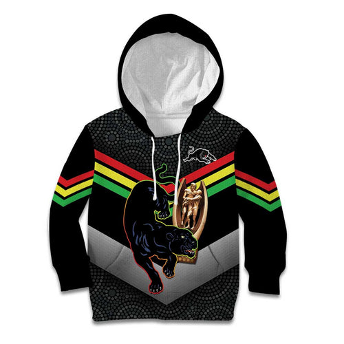 Personalised Panthers Rugby 2024 Kid Hoodie Mascot With Trophy Go Champions Aboriginal Art
