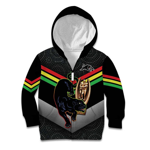 Personalised Panthers Rugby 2024 Kid Hoodie Mascot With Trophy Go Champions Aboriginal Art
