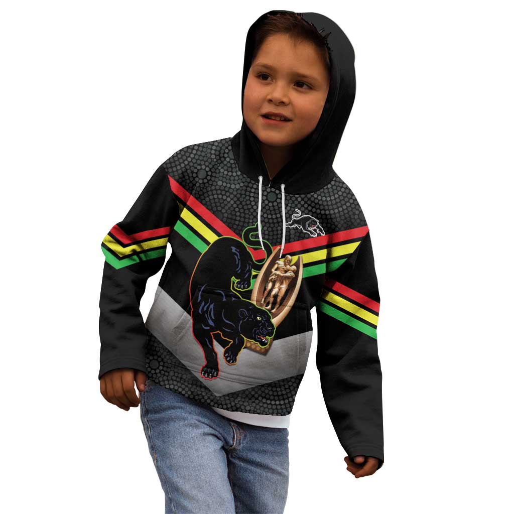 Personalised Panthers Rugby 2024 Kid Hoodie Mascot With Trophy Go Champions Aboriginal Art