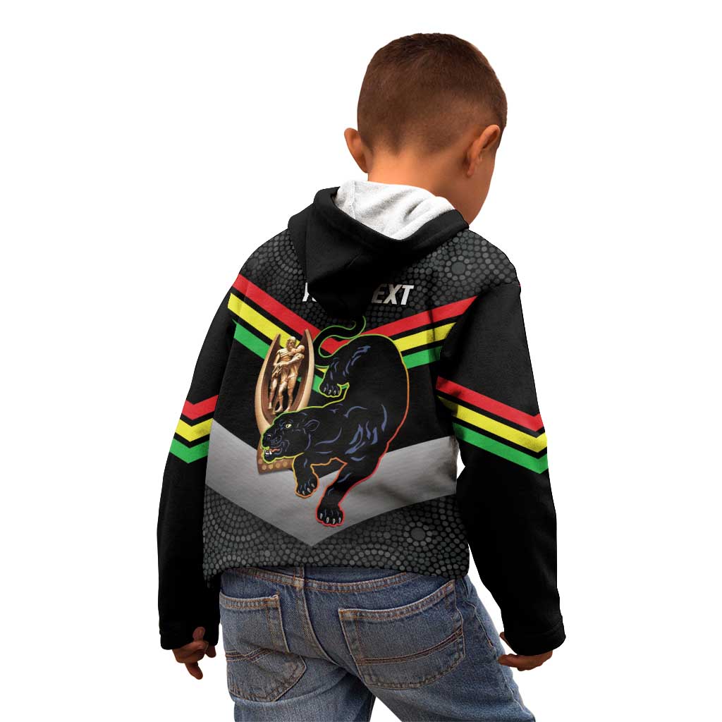 Personalised Panthers Rugby 2024 Kid Hoodie Mascot With Trophy Go Champions Aboriginal Art