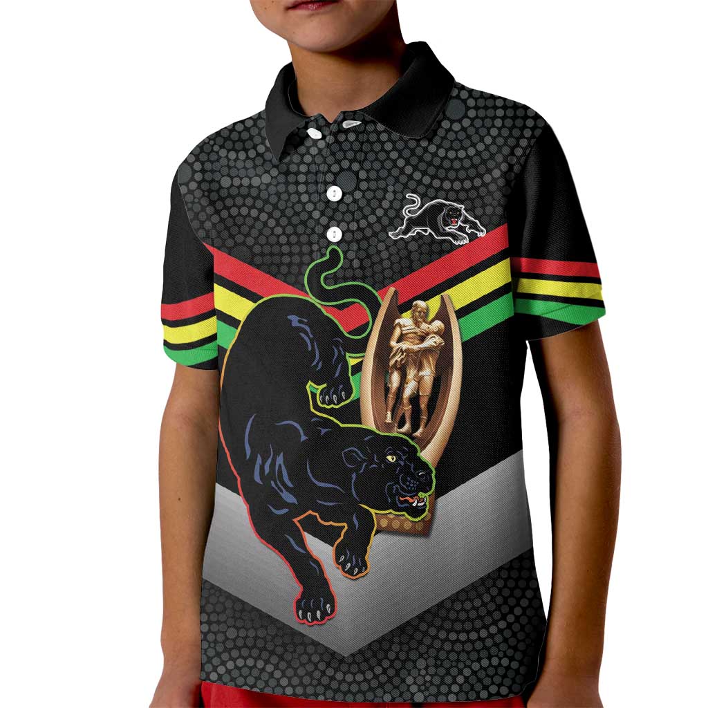 Personalised Panthers Rugby 2024 Kid Polo Shirt Mascot With Trophy Go Champions Aboriginal Art