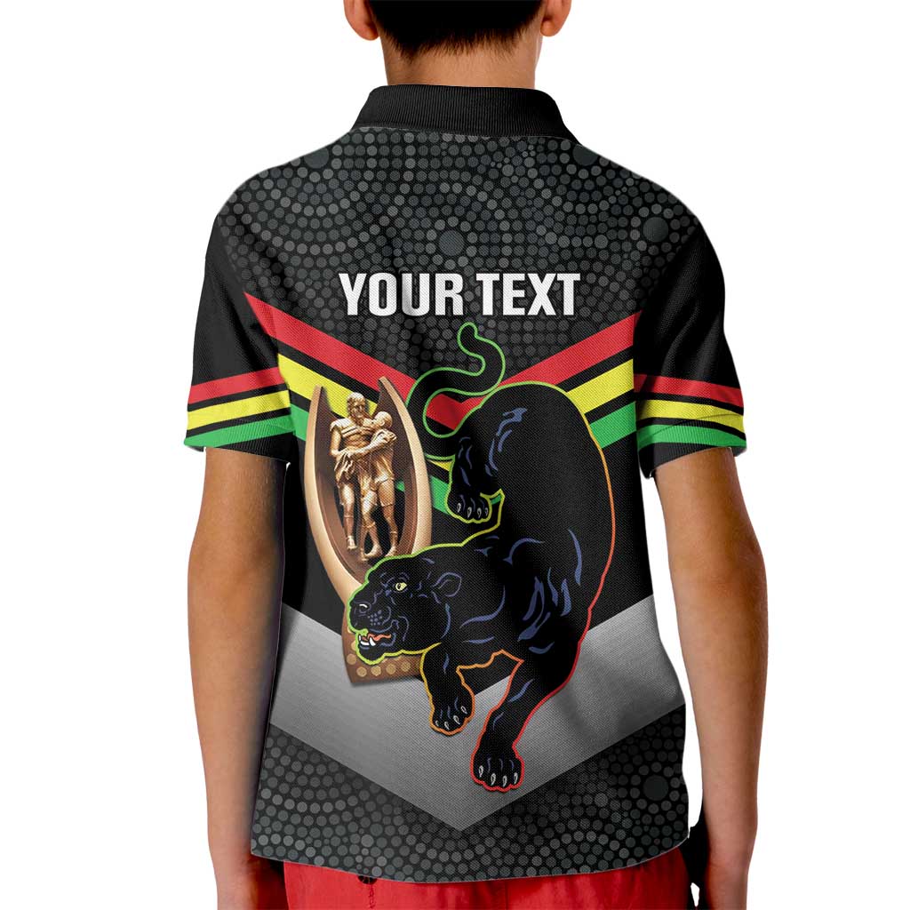 Personalised Panthers Rugby 2024 Kid Polo Shirt Mascot With Trophy Go Champions Aboriginal Art