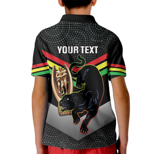 Personalised Panthers Rugby 2024 Kid Polo Shirt Mascot With Trophy Go Champions Aboriginal Art