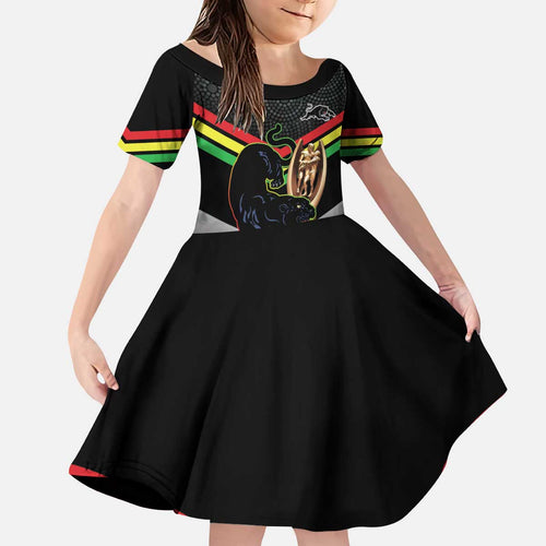 Personalised Panthers Rugby 2024 Kid Short Sleeve Dress Mascot With Trophy Go Champions Aboriginal Art