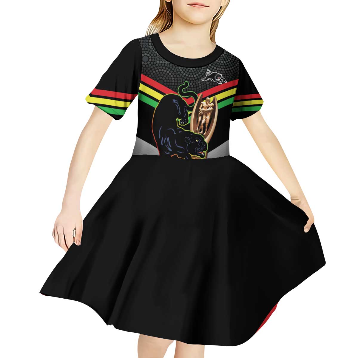 Personalised Panthers Rugby 2024 Kid Short Sleeve Dress Mascot With Trophy Go Champions Aboriginal Art