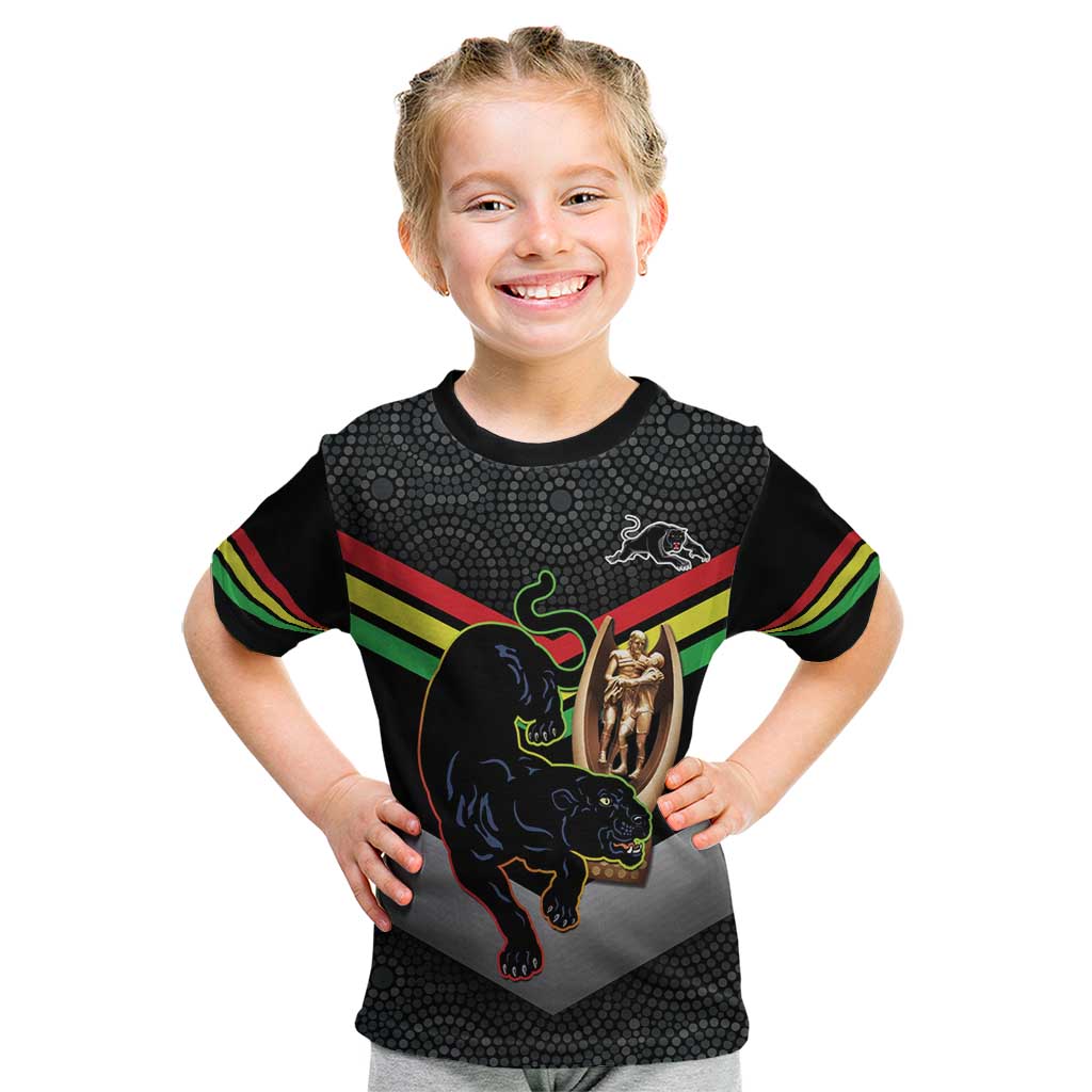 Personalised Panthers Rugby 2024 Kid T Shirt Mascot With Trophy Go Champions Aboriginal Art