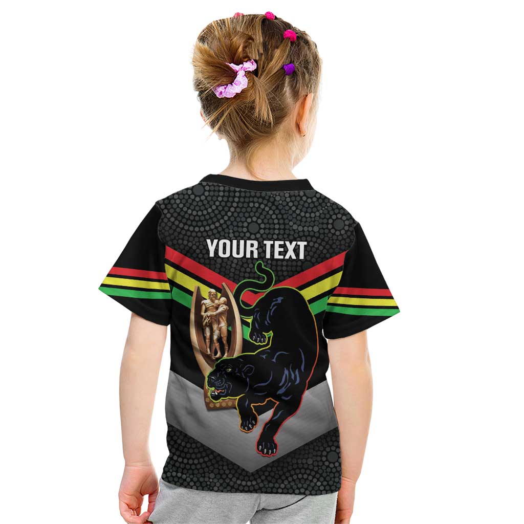 Personalised Panthers Rugby 2024 Kid T Shirt Mascot With Trophy Go Champions Aboriginal Art