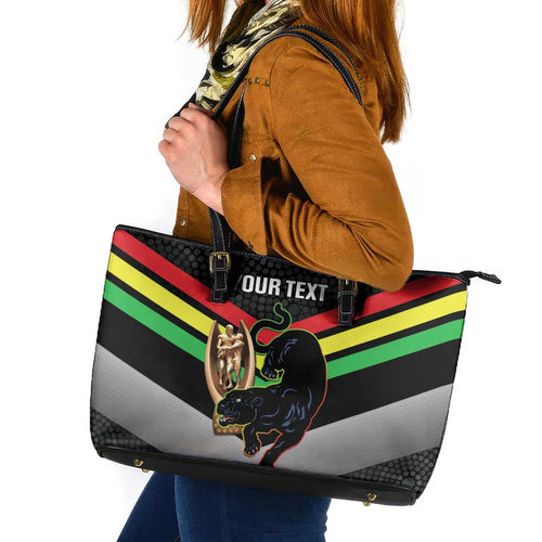 Personalised Panthers Rugby 2024 Leather Tote Bag Mascot With Trophy Go Champions Aboriginal Art
