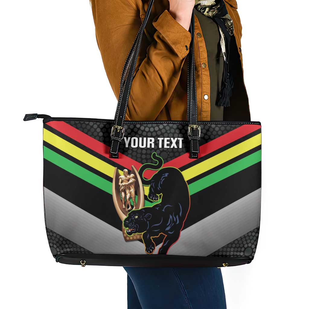 Personalised Panthers Rugby 2024 Leather Tote Bag Mascot With Trophy Go Champions Aboriginal Art