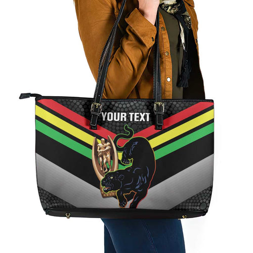 Personalised Panthers Rugby 2024 Leather Tote Bag Mascot With Trophy Go Champions Aboriginal Art