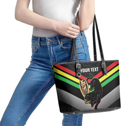 Personalised Panthers Rugby 2024 Leather Tote Bag Mascot With Trophy Go Champions Aboriginal Art