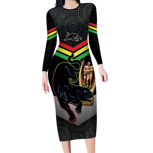 Personalised Panthers Rugby 2024 Long Sleeve Bodycon Dress Mascot With Trophy Go Champions Aboriginal Art
