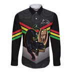 Personalised Panthers Rugby 2024 Long Sleeve Button Shirt Mascot With Trophy Go Champions Aboriginal Art