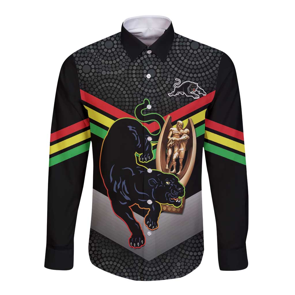 Personalised Panthers Rugby 2024 Long Sleeve Button Shirt Mascot With Trophy Go Champions Aboriginal Art
